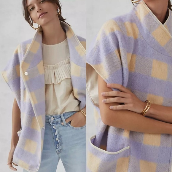 One Size Andersen & Lauth Anthropologie Lavender & Ivory Check Plaid Capelet NWT - Picture 5 of 5